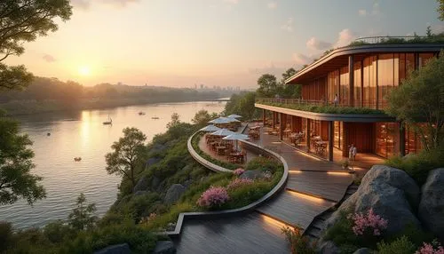 house by the water,floating huts,houseboats,house with lake,amanresorts,floating island,houseboat,landscape design sydney,3d rendering,summer house,landscape designers sydney,floating islands,tree house hotel,river side,snohetta,river view,asian architecture,riverland,roof landscape,beautiful home,Photography,General,Realistic