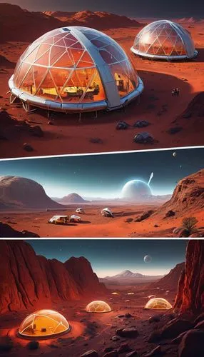 Futuristic Mars colony, architectural design, habitat dome, transparent aluminum framework, self-sustaining ecosystem, solar panels, wind turbines, sleek metallic surfaces, geometric patterns, neon li