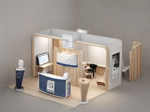 an exhibition booth for a bank. White and wood material, warm lighting, modern cosy sofas
,modern office,sales booth,creative office,consulting room,room divider,cubic house,writing desk,paper stand,o