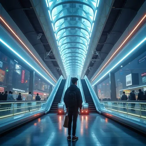 light trail,moving walkway,pedestrian,futuristic,light trails,maglev,hypermodern,cybercity,skytrain,metro station,subway station,overpass,shinjuku,futuristic art museum,woman walking,pasila,skywalks,sky train,passenger,tokyo,Photography,General,Realistic