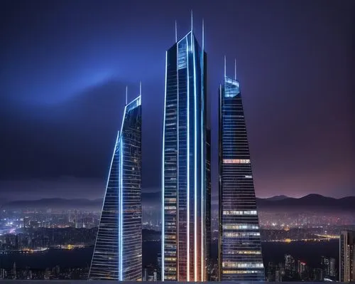 Futuristic architecture, Lambda-shaped skyscraper, sleek metallic exterior, neon lights tracing edges, towering high-rise building, urban cityscape, night scene, misty atmosphere, distant foggy mounta