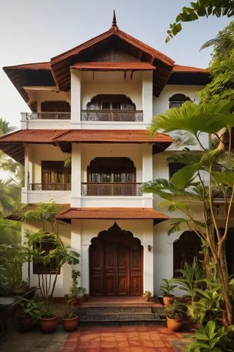 Small Indian-style home, architecture design, traditional Kerala or Tamil Nadu influence, sloping roof with red tiles, white walls with intricate wooden carvings, ornate doorways, small balcony with i