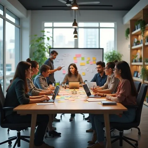 Modern conference room, collaborative design approaches, diverse group of people, 4-6 individuals, mixed ages, casual business attire, laptops, tablets, sticky notes, whiteboard, colorful markers, nat