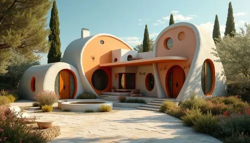 earthship,superadobe,render,3d rendering,arcosanti,3d render,cubic house,dreamhouse,futuristic architecture,3d rendered,renders,rendered,texturing,roof domes,igloos,sketchup,dunes house,holiday home,large home,roof landscape,Photography,General,Realistic