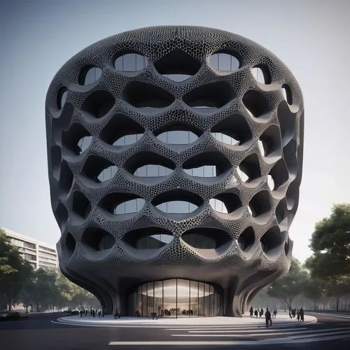 "Generate a miniature, minimalist architectural visualization of Zaha Hadid's 520 West, featuring a symmetric charcoal honeycomb facade inspired by biomimicry. Showcase the modular construction and ur