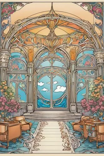 art nouveau frames,watercolor cafe,ballroom,art nouveau frame,tearoom,ornate room,sunroom,conservatory,stained glass windows,cochere,beach restaurant,stained glass pattern,breakfast room,sea fantasy,oceanair,ristorante,arcona,frame border illustration,watercolor tea shop,teahouse,Illustration,Retro,Retro 13