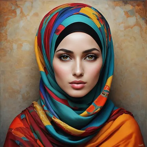 Representa un diseño de ropa titulado DIJAHITAUL con motivos abstractos y colores brillantes con un hijab..((mejor calidad)), ((obra maestra)), (detallado), cara perfecta,muslim woman,islamic girl,hea