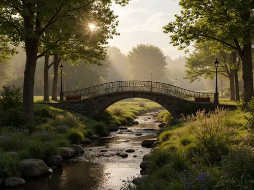 Rustic stone bridges, Art Nouveau ornate metal railings, winding rural roads, lush green forests, babbling brooks, vibrant wildflowers, soft misty mornings, warm golden lighting, shallow depth of fiel