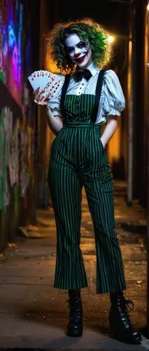 Female Joker, clown makeup, red lips, pale skin, messy curly hair, black eyeliner, colorful costume, ruffled collar, oversized sleeves, striped pants, suspenders, black boots, holding a playing card, 