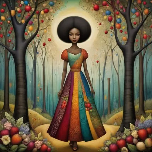 girl with tree,oshun,persephone,african woman,african american woman,girl picking apples,hansberry,ledisi,charlayne,amerykah,afro american girls,afrocentric,apple tree,adichie,rosa 'the fairy,sarafina,afrocentrism,baoshun,womanist,fairy tale character,Illustration,Realistic Fantasy,Realistic Fantasy 21