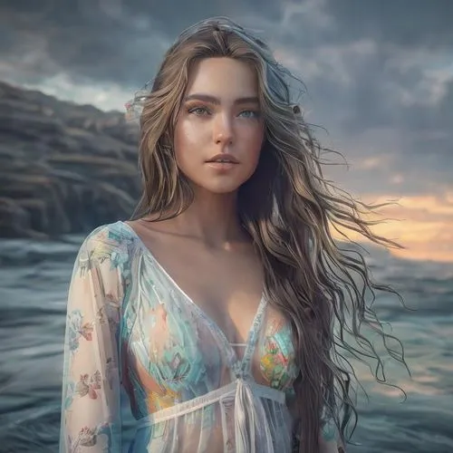 generate a realistic fantasty image of Absolutely beautiful coastlines and reflections in the wate ,  sunrise over sea, waves, a girl with long hair , wearing in sheer gauze clothing , face to camera,