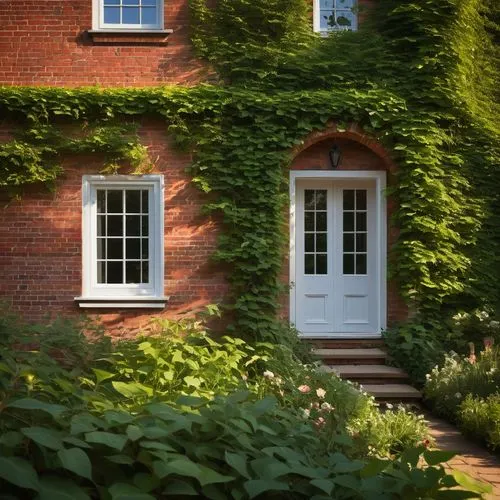 dandelion hall,the threshold of the house,garden door,row of windows,garden elevation,the garden society of gothenburg,old colonial house,green garden,ivy frame,doorstep,pei,boxwoods,headhouse,cottage garden,vicarage,old town house,danish house,doorsteps,red brick,hedges,Conceptual Art,Oil color,Oil Color 16