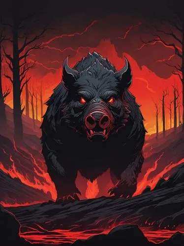 demonic boar, muscular body, glowing red eyes, sharp tusks, black fur with red undertones, torn ears, menacing aura, dark mist surrounding, hellish landscape, lava flows, burning trees, eerie atmosphe