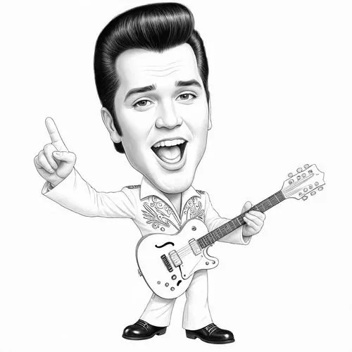 pencil drawing style  Julius Leblanc Stewart Caricature style drawing of a celebrity, big head, small body, exaggerated facial expressions. A 3D animated character resembling Elvis Presley, wearing a 