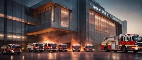 Modern fire station, futuristic design, sleek lines, metallic materials, glass façade, LED emergency lights, sirens, ladder trucks, rescue equipment, firefighters in action, helmets, reflective vests,