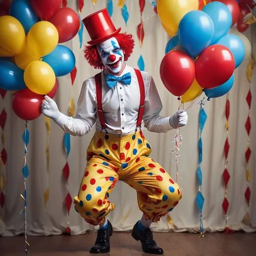 Cute clown, colorful wig, red nose, bright blue eyes, white face paint, red lips, yellow hat, oversized bow tie, polka dot pants, suspenders, holding a bunch of balloons, standing on one leg, circus b