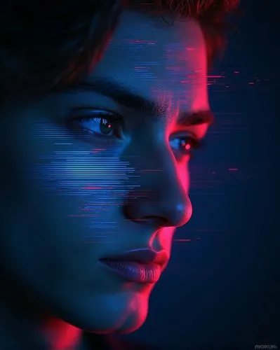 A close-up of a male model’s face, half of which is obscured by glitching distortions that look like digital static waves. The artistic style combines photorealism with glitch art, rendered in a high-