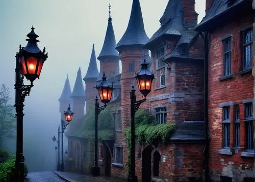 collonges,bruges,street lamps,streetlamps,fairy tale castle,spires,brugge,alsace,medieval street,fairytale castle,houses silhouette,historic street lighting,townscapes,victorian,belgium,wallonia,chateaux,old victorian,gaslight,victoriana,Conceptual Art,Sci-Fi,Sci-Fi 02