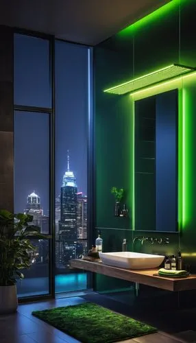 luxury bathroom,green living,green waterfall,modern decor,penthouses,green electricity,Photography,General,Realistic