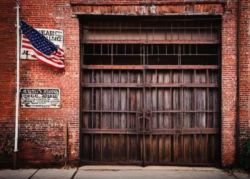 Rustic, distressed, old architectural salvage, Knoxville Tennessee, worn wooden doors, vintage metal gates, antique brick walls, reclaimed wooden planks, industrial metal beams, ornate iron railings, 