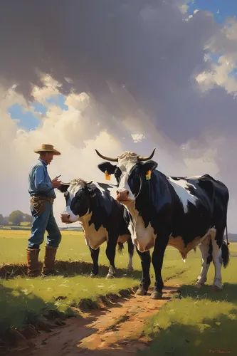 Write a dialogue between two farmers discussing the advantages of raising Holstein cattle.,oxen,holstein cattle,cows,cows on pasture,two cows,happy cows,dairy cows,horned cows,mountain cows,milk cows,