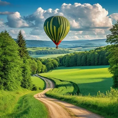 Original landscape，Sky and clouds，Tyndall effect，A country road，Colorful hot air balloon，Tyndall effect，Tyndall effect，High quality desktop wallpaper, Verdant forest, Detailed field properties, Beauti