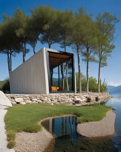 house with lake,house by the water,cubic house,summer house,inverted cottage,pool house,Photography,General,Realistic