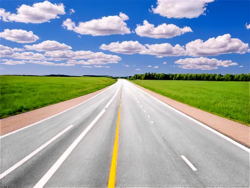 Highway, asphalt road, straight lane, blue sky, fluffy white clouds, sunny day, warm lighting, shallow depth of field, 3/4 composition, vehicles in distance, guardrails, green grasslands on sides, sli