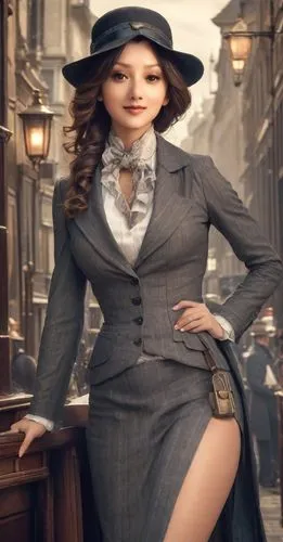 a woman, smiling, big boobs, long leg, ,victorian lady,businesswoman,steampunk,business woman,bussiness woman,policewoman,vintage woman,woman in menswear,librarian,retro woman,female doctor,stewardess