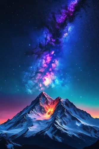 Nebulae Over Snowy Mountain Wallpaper 4k For Mobile Android Iphone Beautiful Nature Nature Photography Amazing Nature,colorful background,background colorful,galaxy,unicorn background,stratovolcano,fu