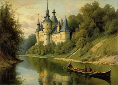 fairy tale castle,fairytale castle,moated castle,water castle,river landscape,moritzburg castle,on the river,fairy tale castle sigmaringen,hohenzollern castle,boat landscape,gold castle,cinderella's castle,iulia hasdeu castle,city moat,knight's castle,disney castle,medieval castle,castle of the corvin,waldeck castle,moritzburg palace,Illustration,Realistic Fantasy,Realistic Fantasy 14