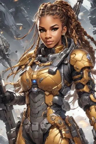 Long golden brown braids ,a lady with dreadlocks and weapons in a suit,mayhle,okoye,doomadgee,monifa,leona,zavtra,Digital Art,Anime