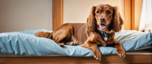 An extremely happy and smiling cocker spanniel dog laying down, on a veterinarian bed, elvishEpic composition, photo, photography, extreme details, highly detailed, 8k, intricate, elegant, cinematic l