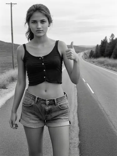 B&W high res photo: A poor-looking young woman stands at the side of the road with her thumb up, hitchhiking.,a woman wearing jean shorts poses while holding her thumb up,hitchhiking,hitchhike,hitchhi