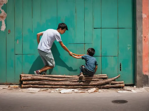 children playing,child playing,helping hands,children play,photographing children,wooden wall,wooden door,wooden sled,wooden cart,helping hand,street artists,street chalk,man and boy,playing with kids,stick and ball games,wooden wagon,street play,boy and dog,dad and son outside,wooden board,Conceptual Art,Graffiti Art,Graffiti Art 04