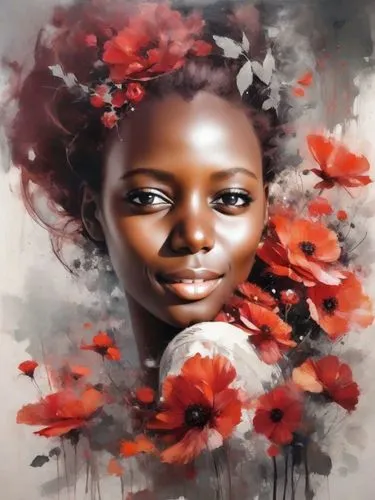 rosemond,flower painting,girl in flowers,oil painting on canvas,african art,world digital painting,lachanze,red petals,african woman,rankin,africaine,red poppy,red poppies,girl in a wreath,oluchi,african american woman,dussel,flower art,liberian,art painting,Digital Art,Watercolor