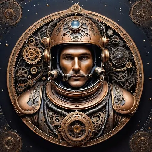 Futuristic Russian Cosmonaut, Men, surrounded by intricate mechanical parts, evoking a sense of futuristic robotics, amidst a dark, starry night sky with a prominent, glowing star at the apex. Dark pl