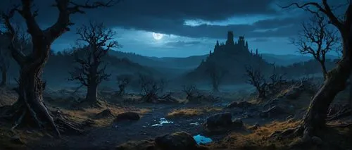 darklands,fantasy landscape,ravenloft,fantasy picture,world digital painting,swampy landscape,badland,night scene,nacht,deadmarsh,halloween background,deadlands,neverwinter,game illustration,underdark,blackmoor,blackthorne,riftwar,haunted forest,nekrasov,Photography,General,Fantasy