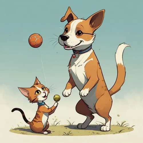 dog - cat friendship,pelota,dog and cat,cats playing,akitas,basenji,Illustration,Children,Children 04