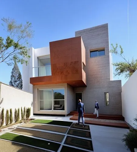 Diseño exterior de una casa moderna estilo minimalista combinando muros de color blanco con muros de tabique aparente, herrería de aluminio con cristal, fotografía hiperrealista, fotografía arquitectó