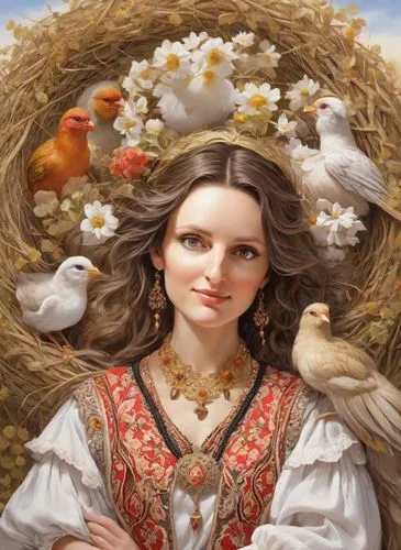 A fascinating medieval painting in the style of Jim Fitzpatrick, depicting a romantic country girl with her hair arranged in the form of a large oblong bird's nest. Gold ribbons hang from the edges of