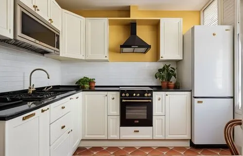 a kitchen with a stove, sink and refrigerator,tile kitchen,vintage kitchen,kitchen design,kitchen interior,kitchen remodel,modern kitchen interior,Photography,General,Realistic