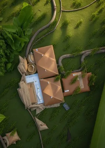 aerial view of four structures sitting outside with a tree in the background,coconut water processing machine,plant protection drone,ketupat,danbo cheese,coconut water concentrate plant,juice plant,Ph