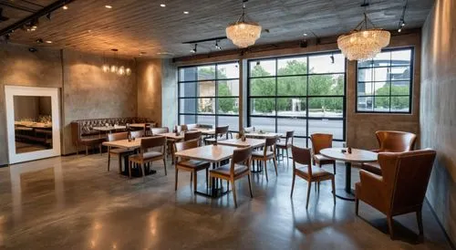 restaurant with dark polished concrete floors, crystal chandeliers, rough plaster walls, and window shopping displays,empty restaurant with tables, chairs, and fireplace,bistro,fine dining restaurant,