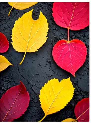 Autumn leaves, golden yellow, crimson red, scattered on ground, delicate veins, intricate shapes, soft natural light, warm color tone, shallow depth of field, 3/4 composition, close-up shot, macro pho