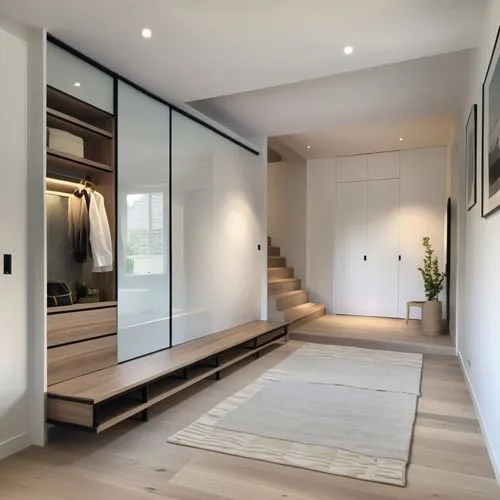 A modern and minimalist entryway measuring 4 meters long by 2.5 meters wide. The space features a built-in wardrobe that provides ample storage while maintaining a sleek appearance. Next to the wardro