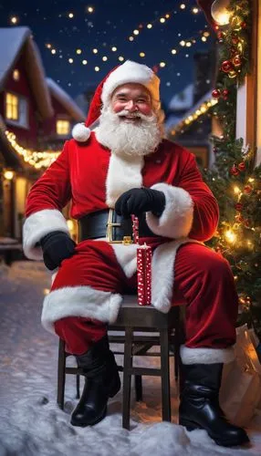 Naughty Santa Claus, male, gay, festive red suit, white fur trim, shiny black boots, jolly face, rosy cheeks, thick white eyebrows, sly smile, holding a mistletoe, surrounded by Christmas decorations,