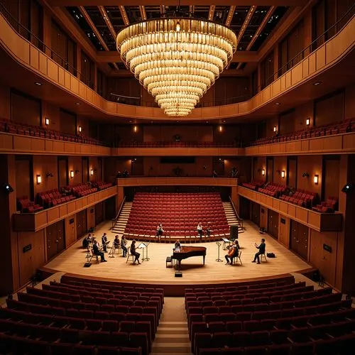 Elegant concert hall, ornate chandeliers, plush red velvet seats, polished wooden flooring, sound-absorbing panels, diffused natural light, subtle LED lighting, grand piano, string instruments, acoust