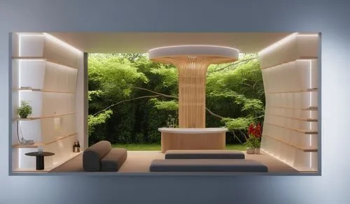 

,there are shelves on either side of a wall, and the light at the entrance to the room is turned off,3d rendering,luxury bathroom,alcove,japanese-style room,3d render,garden design sydney,wooden moc