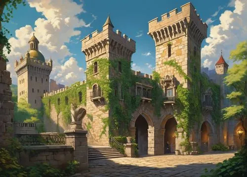 Baroque-inspired crenellations, intricately designed stone walls, medieval fortress-like structure, ornate towers, grandiose entrance gates, majestic stone pillars, vibrant green ivy crawling up walls